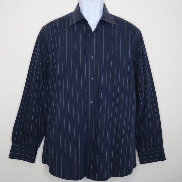 Structure* Men's Long Sleeve Button Down Curved Hem Stripe Shirt~Large 16"-16.5" - Picture 1 of 10